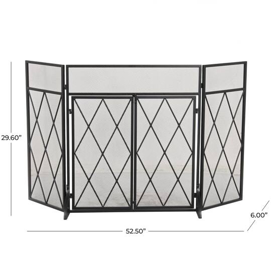 Black Metal Geometric Diamond 3-Panel 2 Door Fireplace Screen
